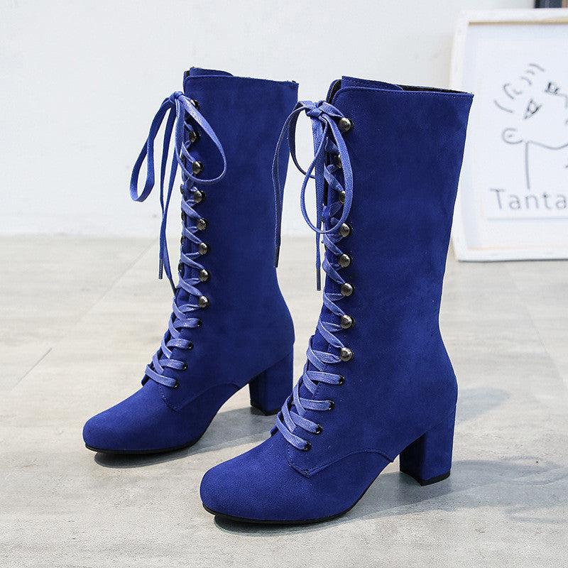 European and American High-tube Suede Thick Heel Lace-up Women's Boots
