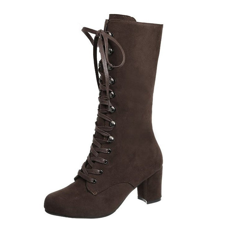 European and American High-tube Suede Thick Heel Lace-up Women's Boots
