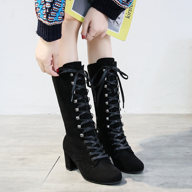 European and American High-tube Suede Thick Heel Lace-up Women's Boots