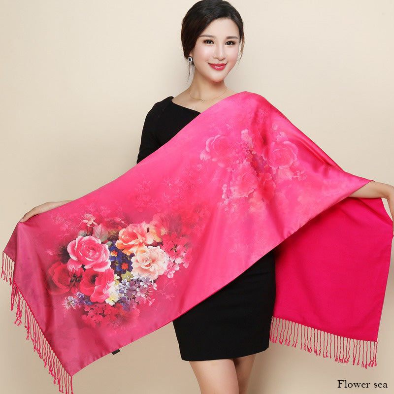Satin Double-layer Shawl Cheongsam With Mum's Elder Scarf