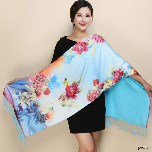 Satin Double-layer Shawl Cheongsam With Mum's Elder Scarf