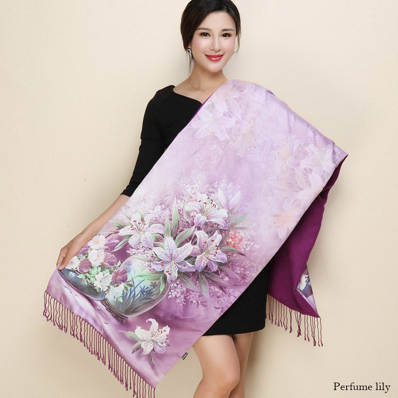 Satin Double-layer Shawl Cheongsam With Mum's Elder Scarf