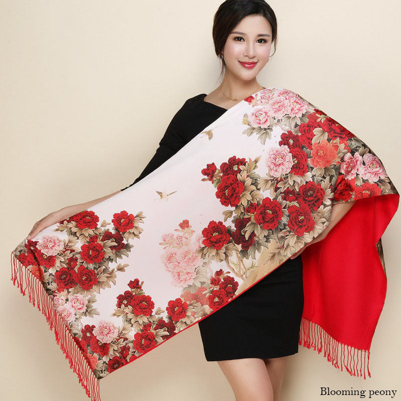 Satin Double-layer Shawl Cheongsam With Mum's Elder Scarf