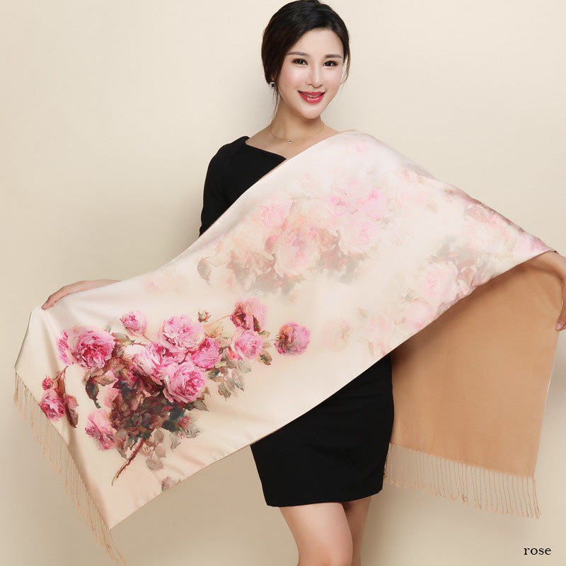 Satin Double-layer Shawl Cheongsam With Mum's Elder Scarf