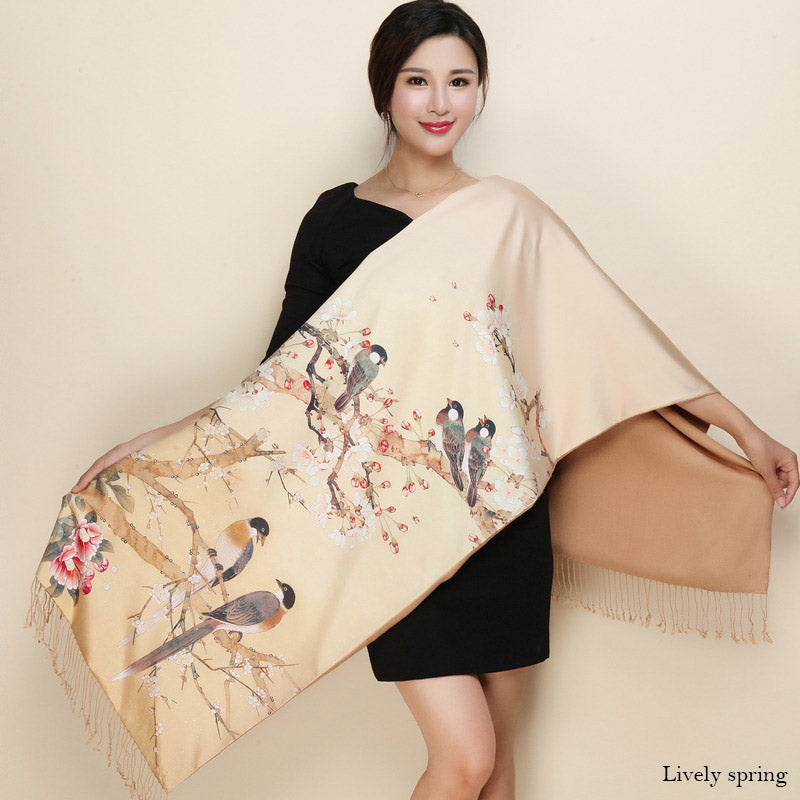 Satin Double-layer Shawl Cheongsam With Mum's Elder Scarf
