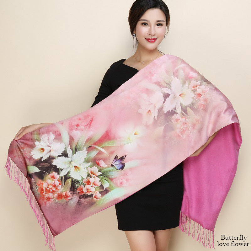 Satin Double-layer Shawl Cheongsam With Mum's Elder Scarf