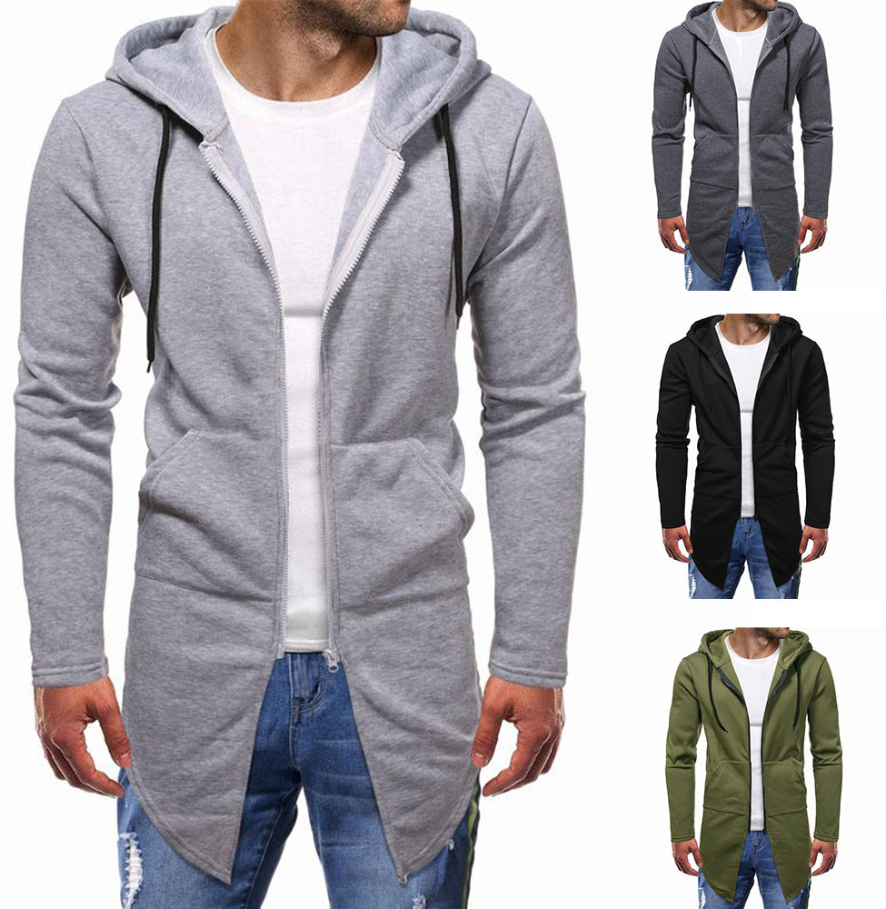 Solid Color Mid Length Large Size Men's Hooded Sweater Casual Zipper Cardigan