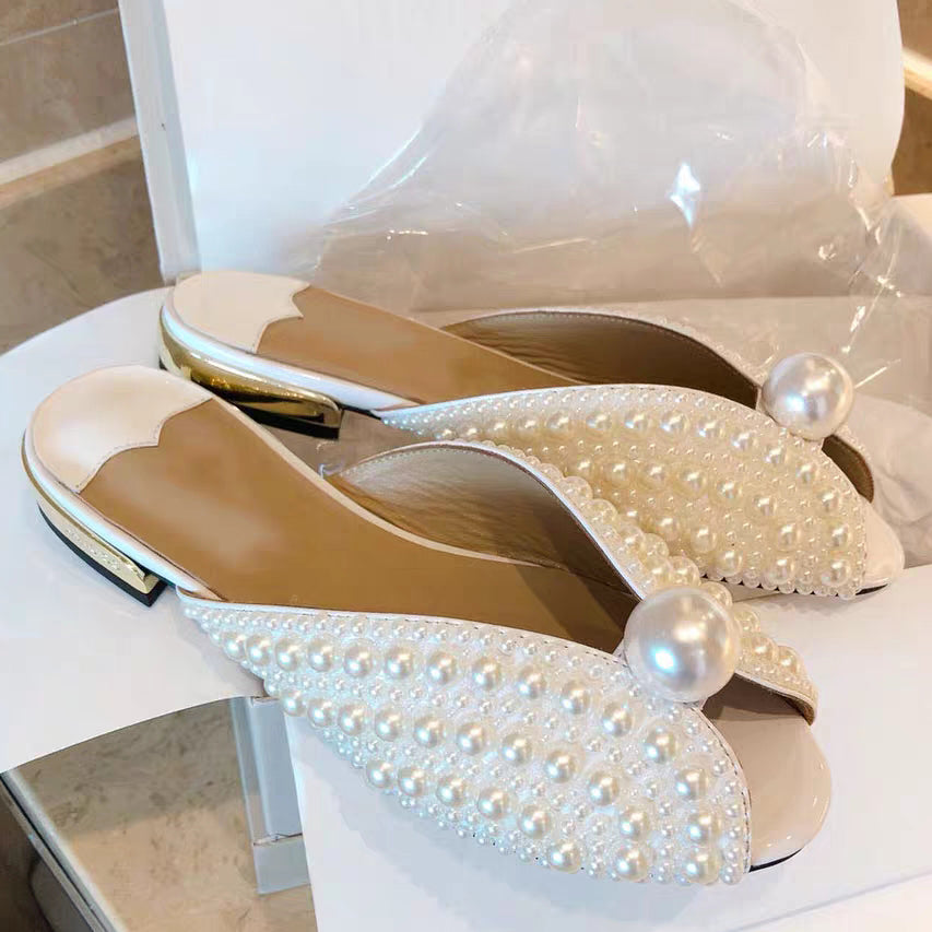 Handmade High-End Custom Pearl Fashion Sandals Fish Mouth Sandals Flat Slippers