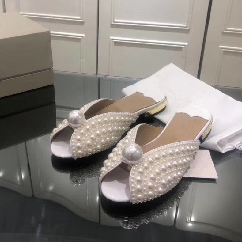 Handmade High-End Custom Pearl Fashion Sandals Fish Mouth Sandals Flat Slippers
