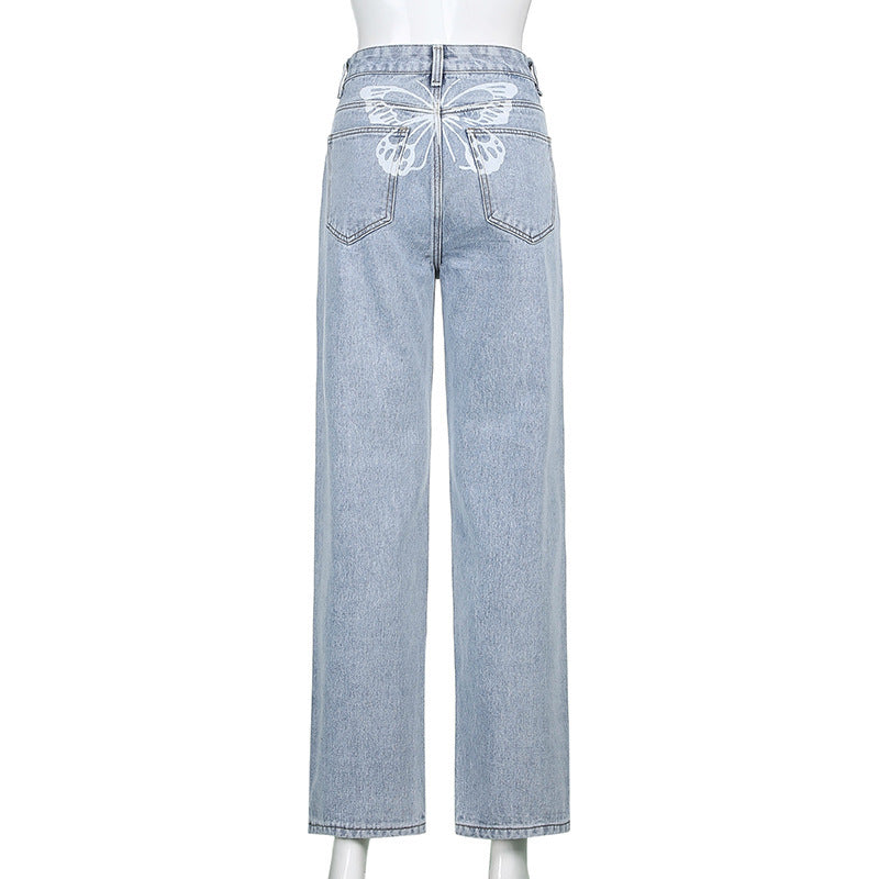 European And American Women's New Jeans Fried Street Ins Retro High Waist Butterfly Print Loose Straight Jeans