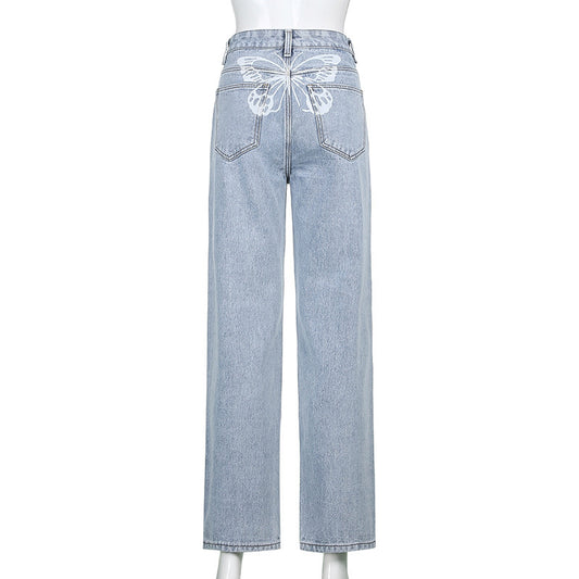European And American Women's New Jeans Fried Street Ins Retro High Waist Butterfly Print Loose Straight Jeans