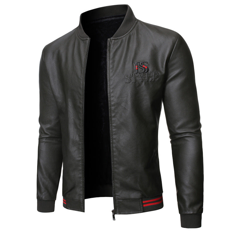 Stand Collar Men's Washable Leather Clothes Slim Casual Zipper Cardigan Top