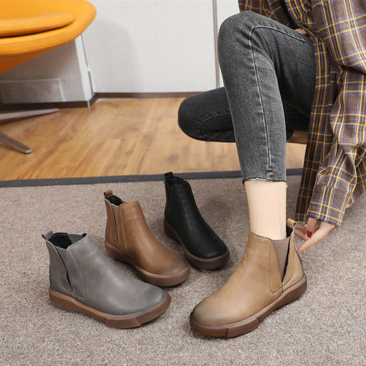 Retro Large Size Beef Tendon Sole Short Boots Women
