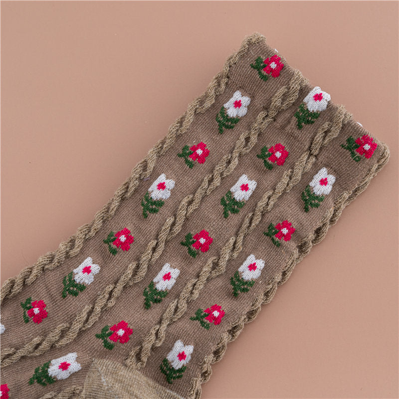 Three-Dimensional Vertical Strip Literary Flower Socks
