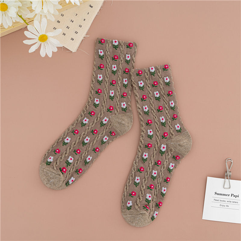 Three-Dimensional Vertical Strip Literary Flower Socks