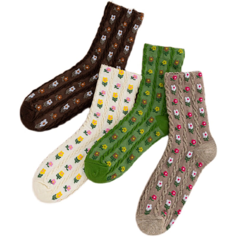 Three-Dimensional Vertical Strip Literary Flower Socks