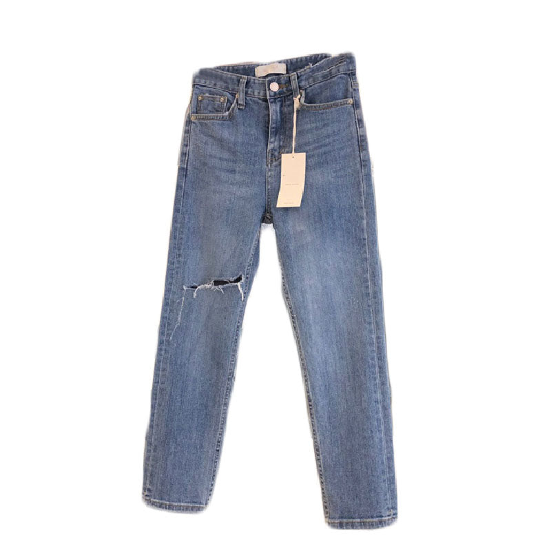 Spring New Ripped High-Waist Straight-Leg Slim Jeans Casual All-Match Trousers