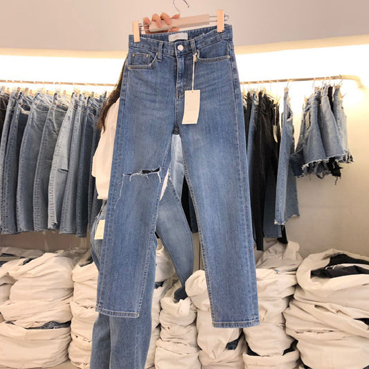Spring New Ripped High-Waist Straight-Leg Slim Jeans Casual All-Match Trousers