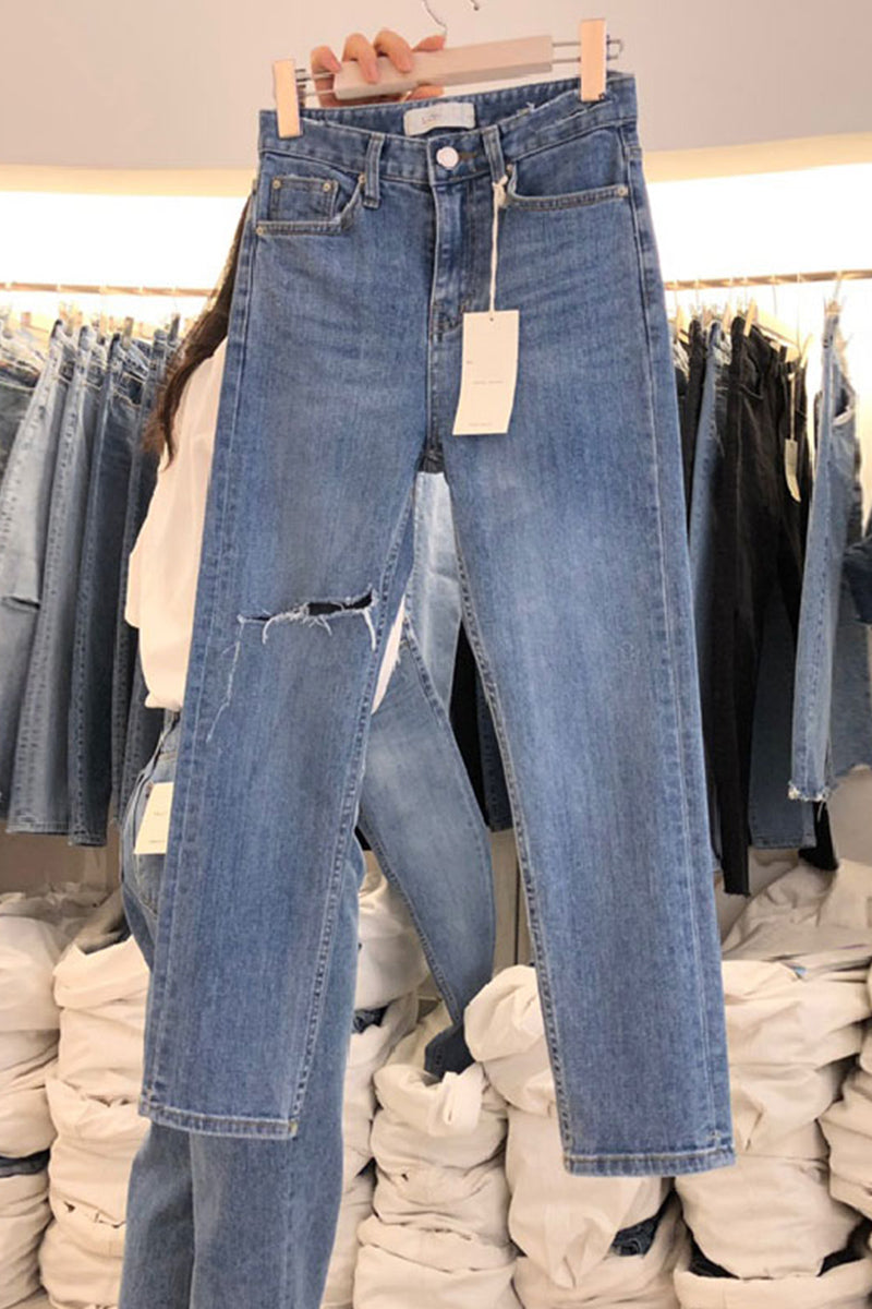 Spring New Ripped High-Waist Straight-Leg Slim Jeans Casual All-Match Trousers