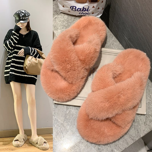 Outer Wear Cross-word Female Plush Slippers