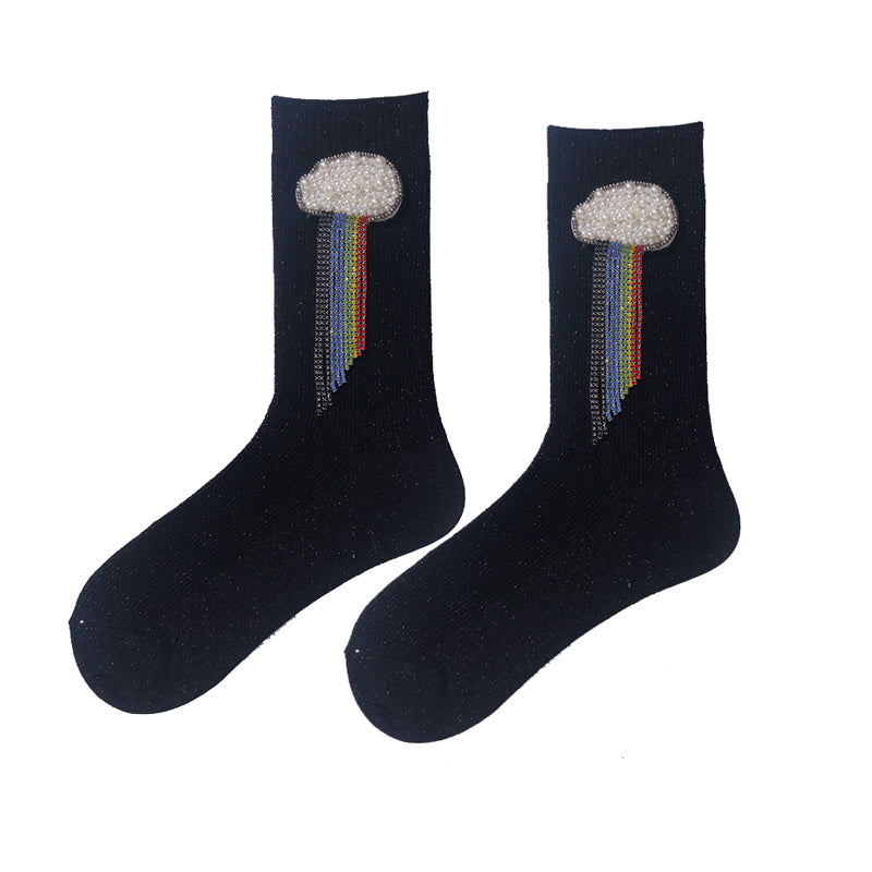 Seven-Color Rainbow Bright Silk Beaded Handmade Women's Socks
