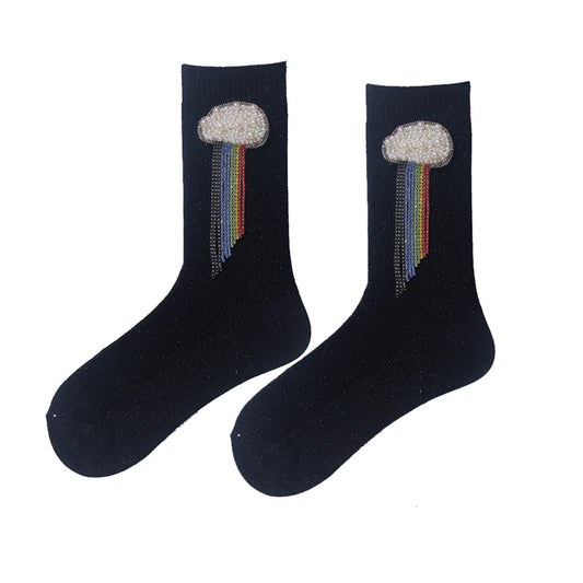 Seven-Color Rainbow Bright Silk Beaded Handmade Women's Socks