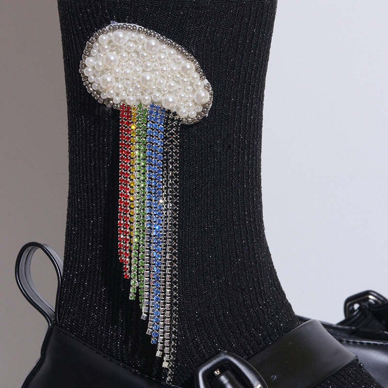 Seven-Color Rainbow Bright Silk Beaded Handmade Women's Socks