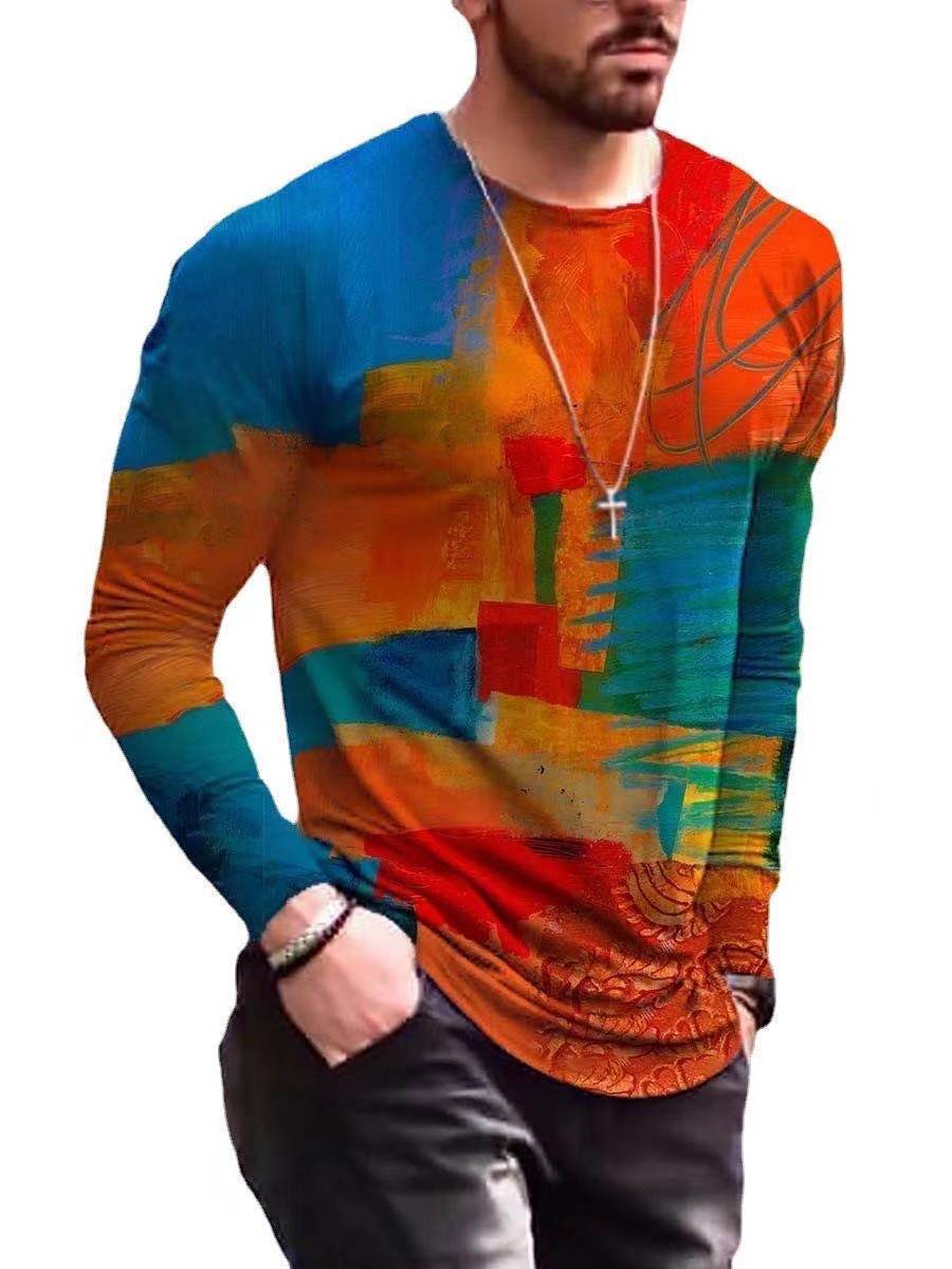 Men's T-shirt Contrast Drawing Printed Long Sleeve