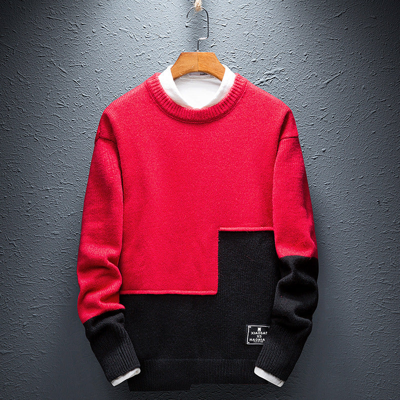 Personality Stitching Sweater Men's Round Neck Warm Knit Sweater