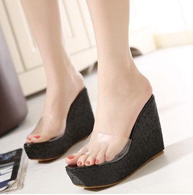One-Word Transparent Platform Wedge Sandals