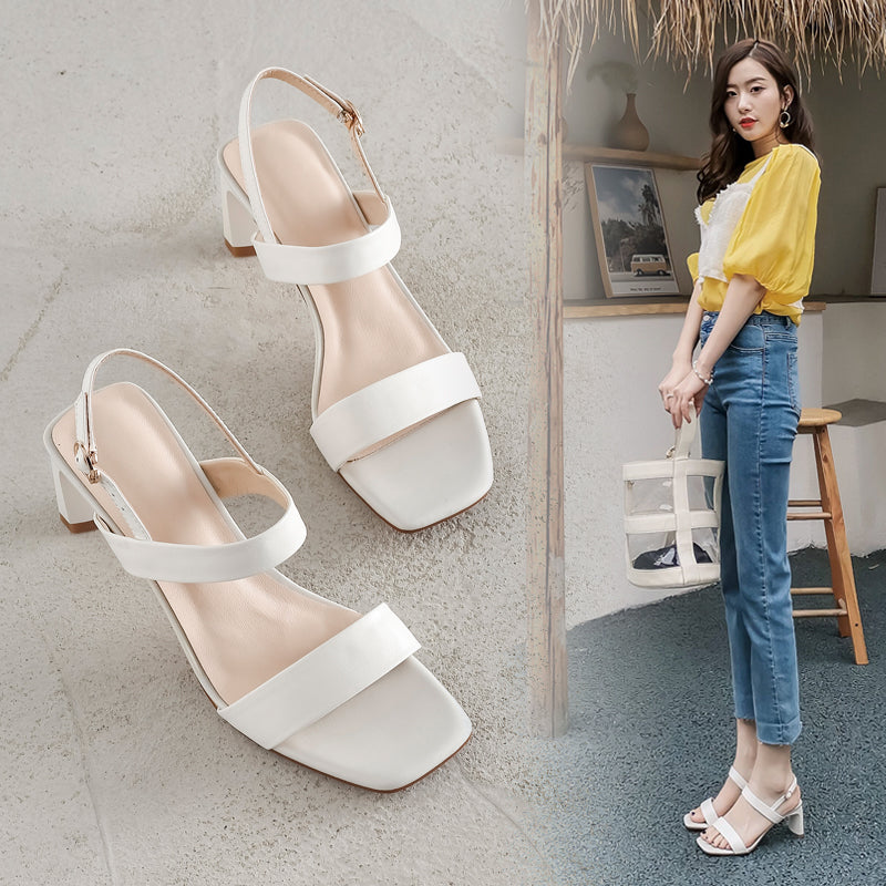Leather Block Heel Open-Toe Sandals, Buckle High Heels