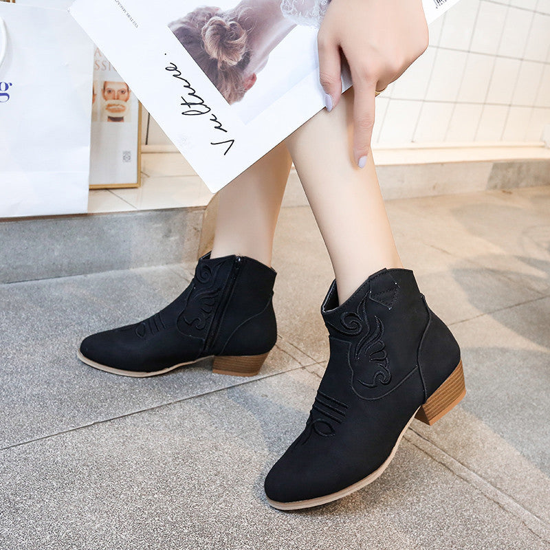 Side Zipper Short Boots Retro Embroidered Low Tube Suede Thick Heel Martin Boots Women