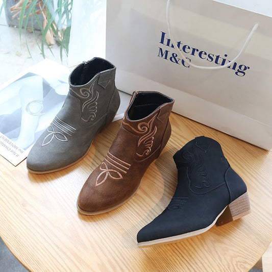 Side Zipper Short Boots Retro Embroidered Low Tube Suede Thick Heel Martin Boots Women