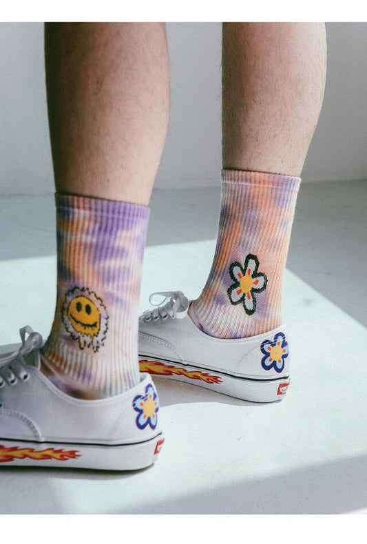 Tie-Dyed Face Floret Cotton Mid-Tube Socks