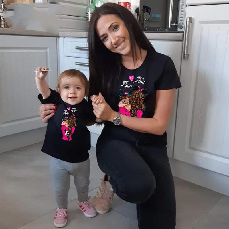 Women's And Women's Short-Sleeved t-Shirts Cartoon Mother And Daughter Printing Parent-Child Top