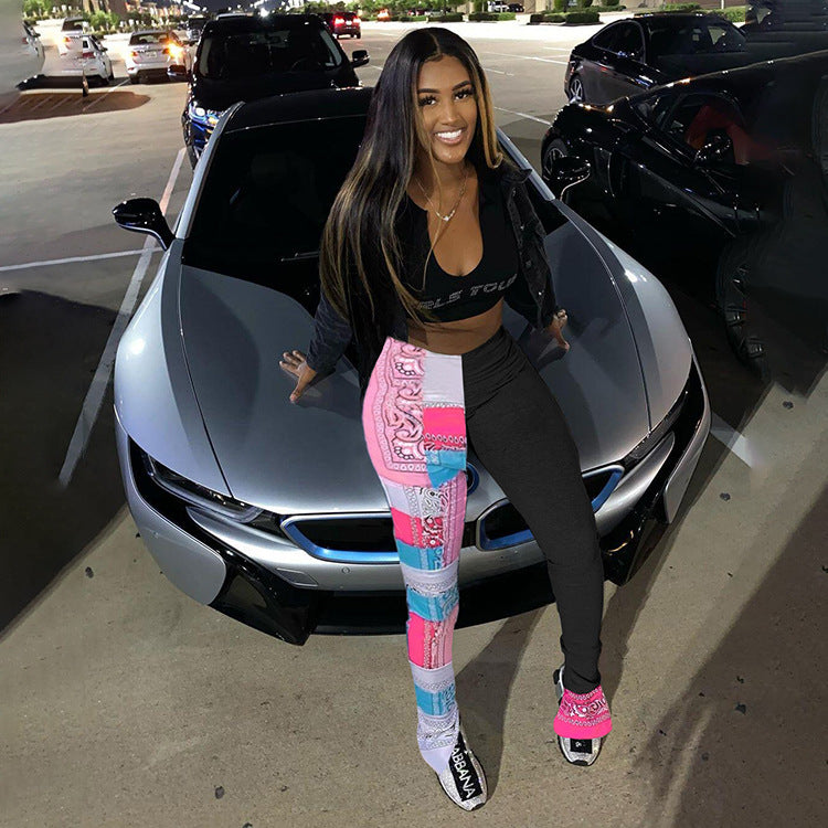 Printed Pleated Split Color Block Sweatpants