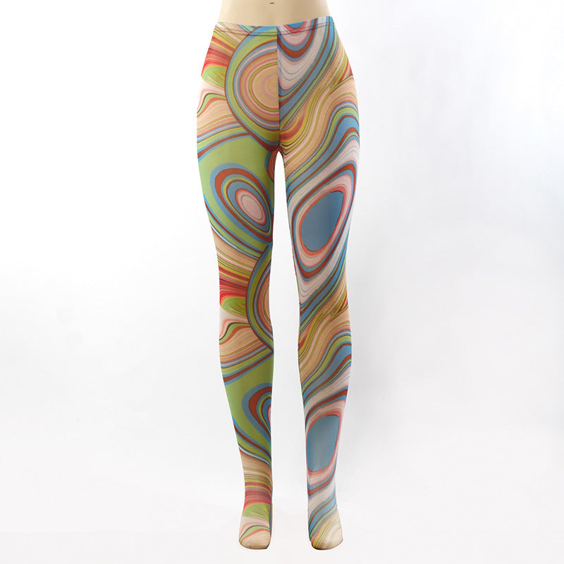 Swirl Print Stitching Slim Color Trousers
