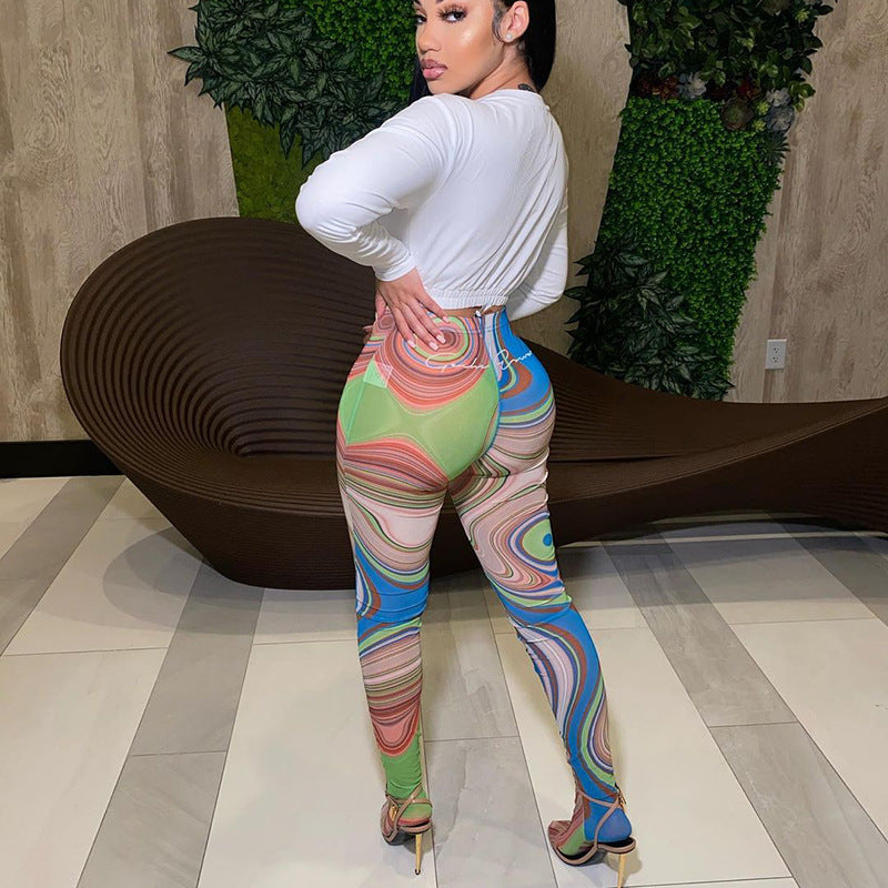 Swirl Print Stitching Slim Color Trousers