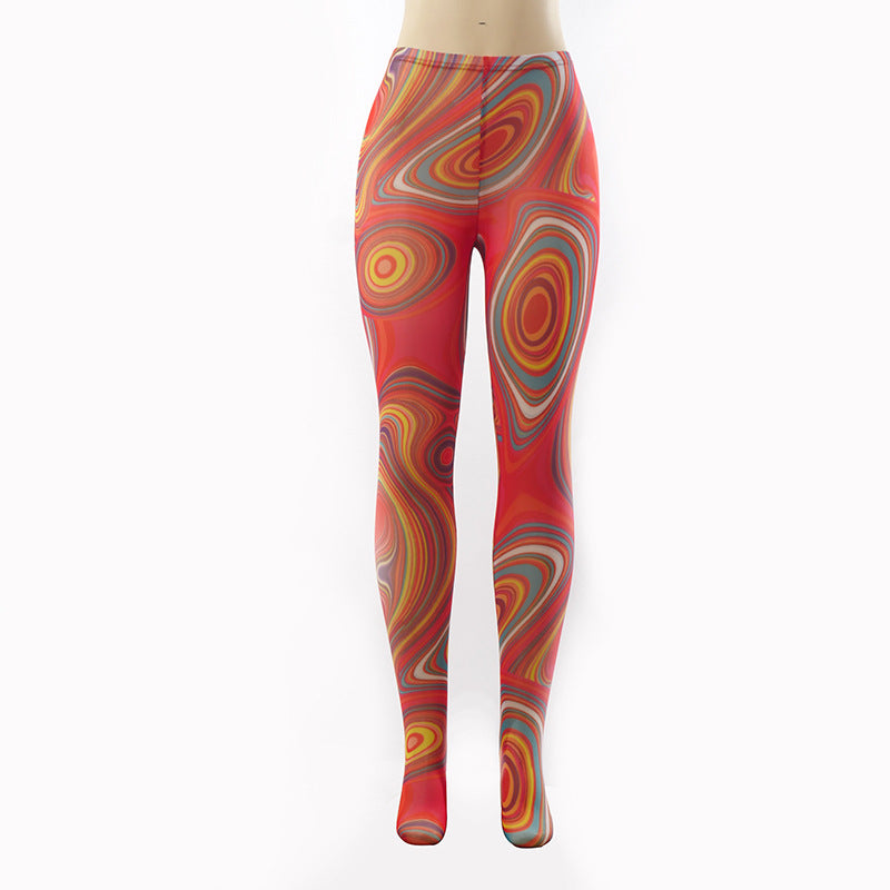 Swirl Print Stitching Slim Color Trousers