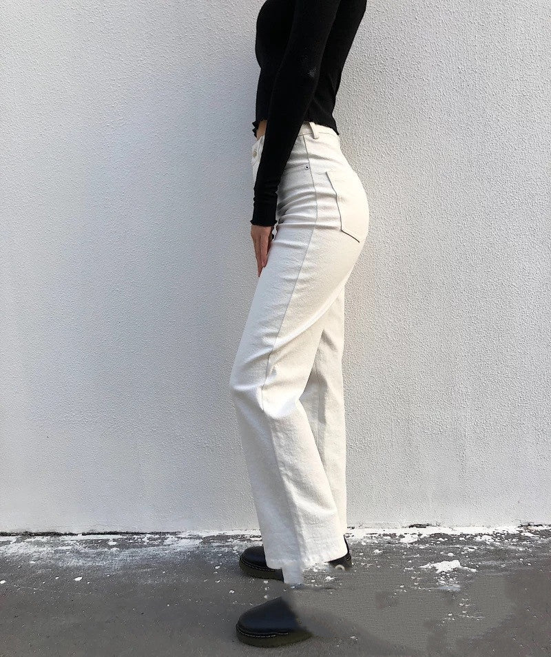 White Straight-Leg Pants All-Match Loose-Fitting Cropped Trousers
