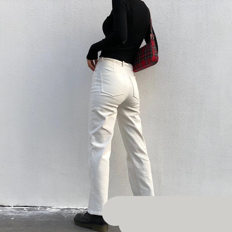 White Straight-Leg Pants All-Match Loose-Fitting Cropped Trousers