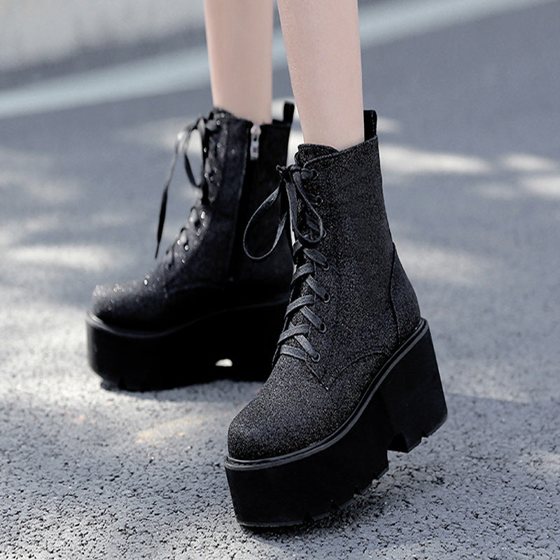 Fashion New Style Wedge With Thick-Soled Muffin And Velvet Lace-Up Silver Martin Boots