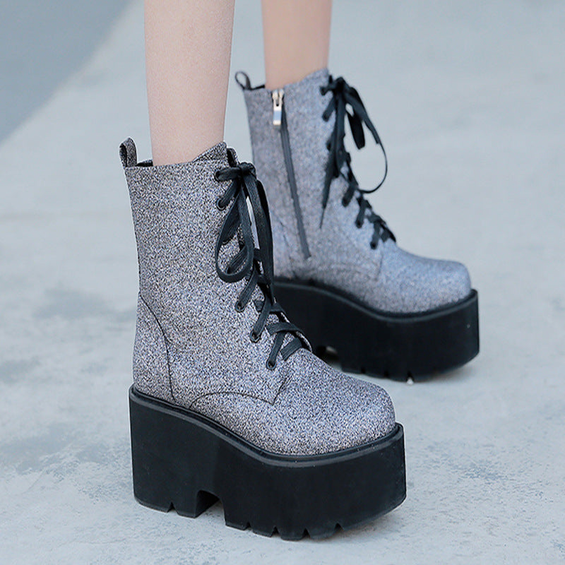 Fashion New Style Wedge With Thick-Soled Muffin And Velvet Lace-Up Silver Martin Boots