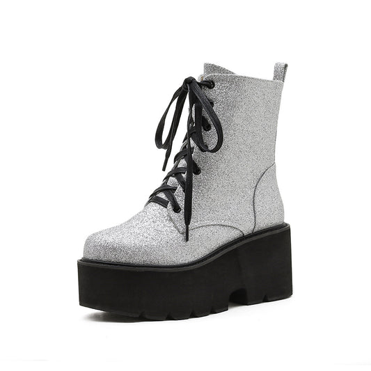 Fashion New Style Wedge With Thick-Soled Muffin And Velvet Lace-Up Silver Martin Boots