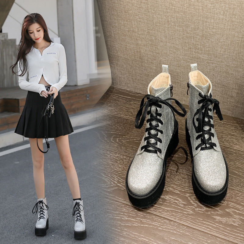 Fashion New Style Wedge With Thick-Soled Muffin And Velvet Lace-Up Silver Martin Boots