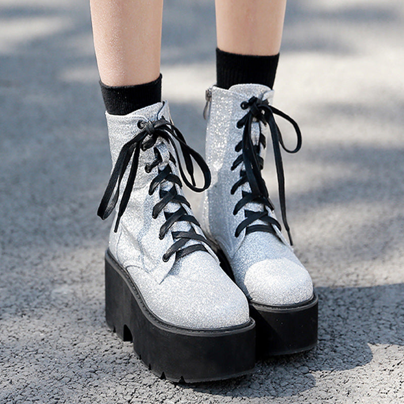Fashion New Style Wedge With Thick-Soled Muffin And Velvet Lace-Up Silver Martin Boots