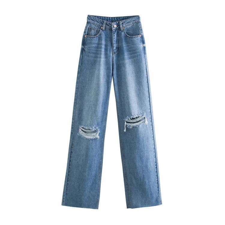 High Waist Slim Stitching Denim Wide-leg Pants