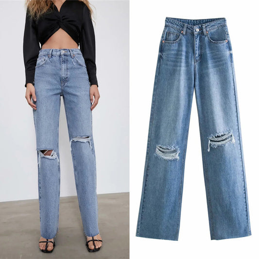 High Waist Slim Stitching Denim Wide-leg Pants