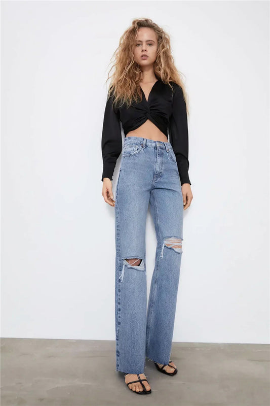High Waist Slim Stitching Denim Wide-leg Pants