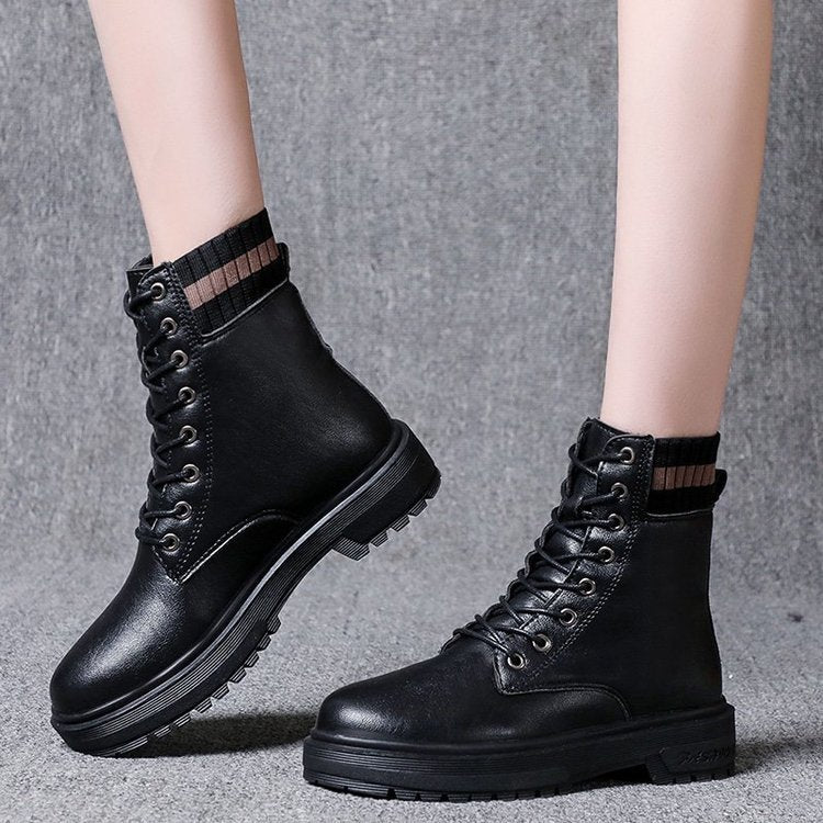 Fashion Martin Boots Mid-heel Increase Sock Boots Lace-up Short Boots